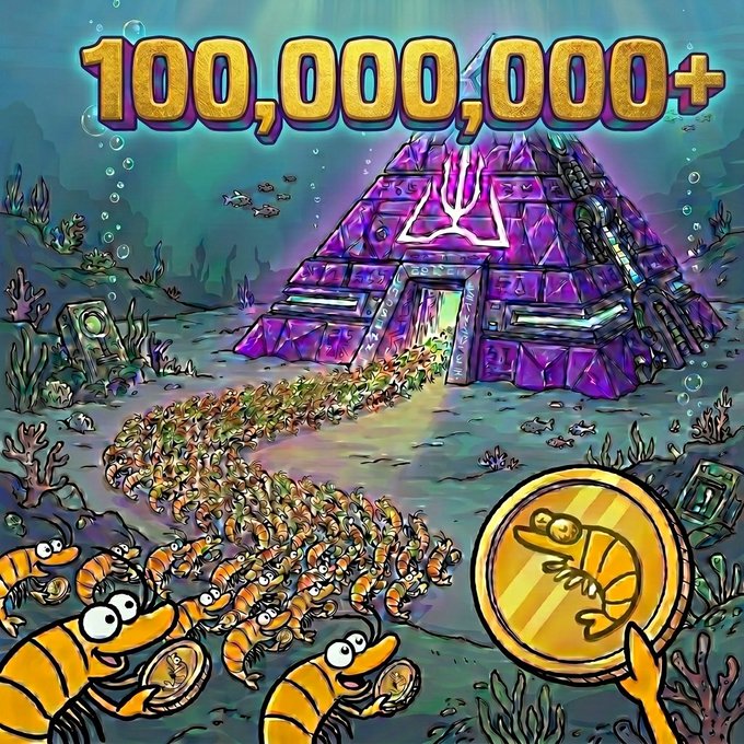 The image is a cartoon illustration featuring an underwater scene with an enormous pyramid, multiple buildings, and a large ocean filled with fish. In the foreground of the image, there are several animated shrimp holding coins while floating in front of the underwater city. The text above the illustration reads "100,000,000 +" and the post mentions "Over 100,000,000 $shramp has been locked on Atlantis by the @ShrampX community!".