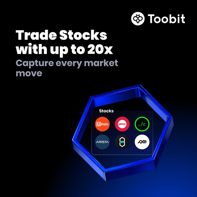 A Toobit promotional graphic featuring a blue hexagonal display showcasing six stock ticker logos (Path, AMC, CYPH, Arista, a green "6" emblem, and AXe) under the heading "Stocks," with the tagline "Trade Stocks with up to 20x — Capture every market move." The image visually highlights the newly listed stock futures contracts (PATHUSDT, AMCUSDT, CYPHUSDT, ANETUSDT, HUTUSDT, AGPUUSDT) available for trading with up to 20x leverage on Toobit.