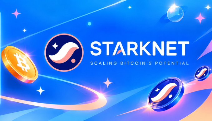 A promotional banner for 'STARKNET' with the tagline 'SCALING BITCOIN'S POTENTIAL', featuring floating Bitcoin and Starknet coins against a blue cosmic background.