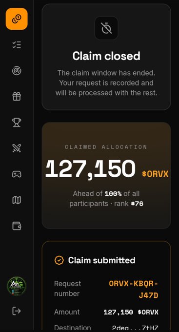 A confirmation screen showing the $ORVX airdrop claim has closed, displaying a claimed allocation of 127,150 $ORVX tokens with rank #76, ahead of 100% of all participants, and a submitted claim with request number ORVX-KBQR-J47D.