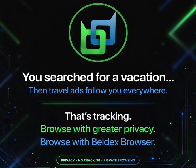 An advertisement for Beldex Browser with the text 'You searched for a vacation... Then travel ads follow you everywhere. That's tracking. Browse with greater privacy. Browse with Beldex Browser.'