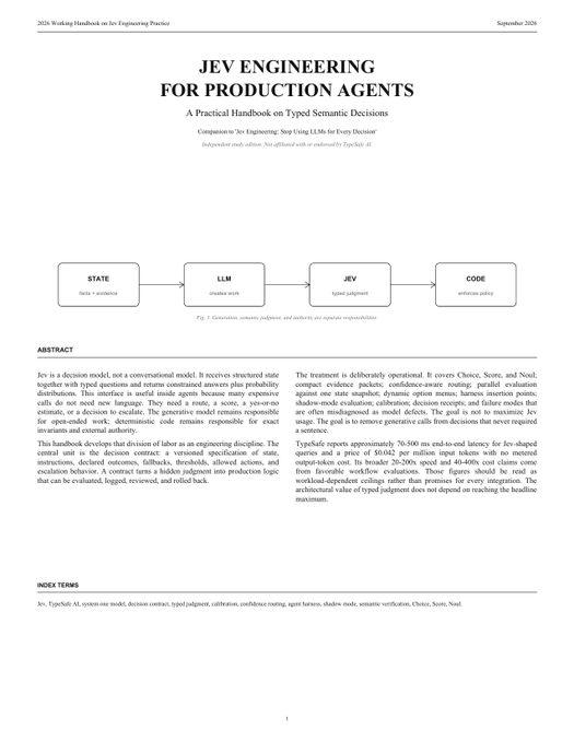 The cover page of a 2026 Working Handbook titled 'JEV ENGINEERING FOR PRODUCTION AGENTS: A Practical Handbook on Typed Semantic Decisions', featuring a flowchart with STATE, LLM, JEV, and CODE.