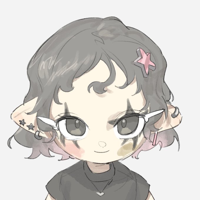 A digital anime-style illustration of a character with short gray hair, pointed ears, and a pink star hair clip, featuring large expressive eyes and star-shaped earrings.