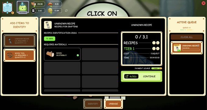 A game interface displays an "Unknown Recipe" identification screen with "0/31" recipes, requiring 28.07k/98.12k wood at a cost of 5 SQUELET, alongside an active queue showing one unidentified recipe waiting to be claimed. The post praises this crypto crafting game as highly competitive and well-designed, reflecting the visible tool-making and recipe identification mechanics that players engage with.