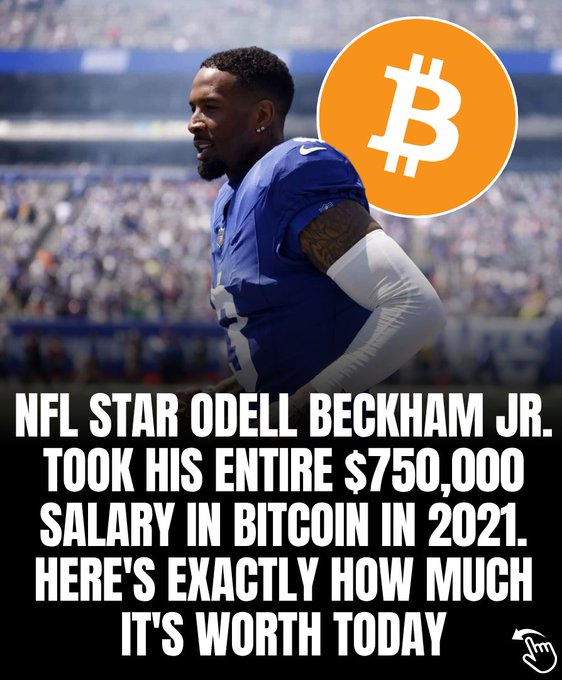 An image of NFL star Odell Beckham Jr. in a Giants uniform beside a large Bitcoin symbol. The headline reads, “NFL star Odell Beckham Jr. took his entire $750,000 salary in Bitcoin in 2021. Here’s exactly how much it’s worth today,” linking his past Bitcoin investment to his return to the Giants and Bitcoin’s current value.