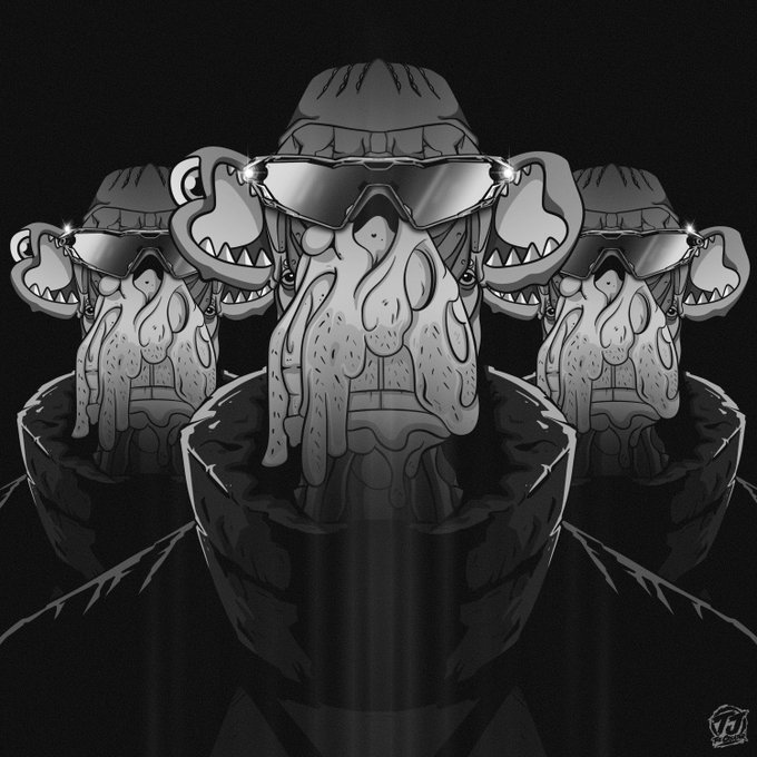 A stylized grayscale digital illustration depicting three identical figures wearing reflective sunglasses and bucket hats, with grotesque, melting faces dripping downward in a symmetrical, mirrored composition.