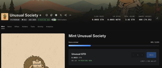 An OpenSea NFT collection page for 'Unusual Society' on the Ethereum network, showing a minting progress bar at 895/3,333 and a 'Mint' button for an item priced at 0.0033 ETH.