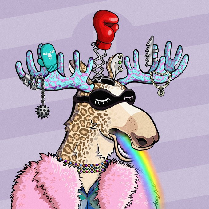 A cartoon giraffe wears a pink fur coat and 3D glasses, with psychedelic-colored antlers holding a boxing glove, chains, and a lightning bolt, while vomiting a rainbow.