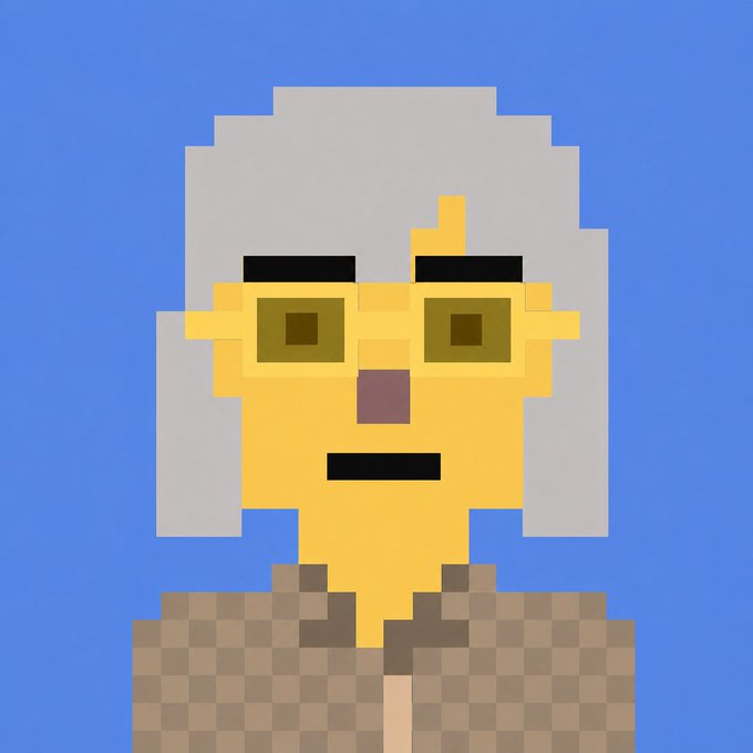 A pixel art portrait depicts a yellow-skinned character with gray blocky hair and glasses, wearing a brown checkered shirt against a blue background.
