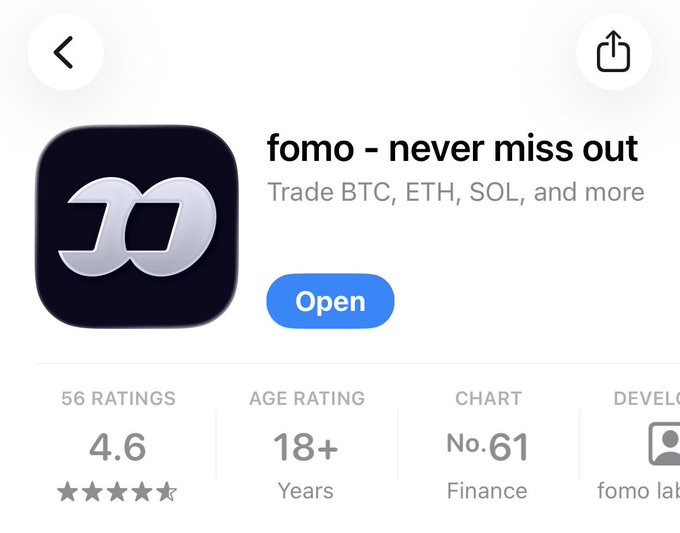 An app store listing for 'fomo - never miss out,' a finance app with a 4.6 rating and 18+ age rating, described as a place to 'Trade BTC, ETH, SOL, and more.'