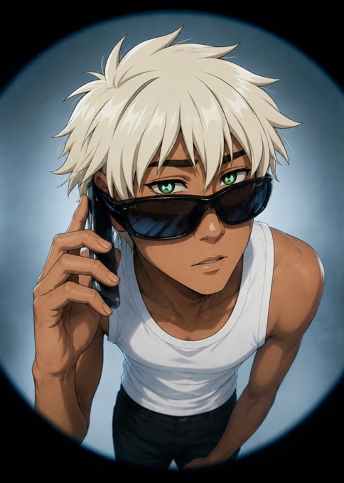 Anime-style illustration of a tan-skinned young man with white messy hair, green eyes, and black sunglasses, holding a phone to his ear while wearing a white tank top.