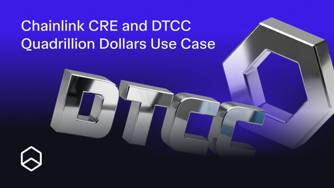The image features a silver logo for Chainlink Cre, which displays a hexagon rendered in shades of blue, green, and black. The text on the background reads "chainlink cre" and "dtc", possibly indicating that the organization has a connection with both cryptocurrency and depositary trust operations (DTC). The logo is positioned at the top left corner of the image. 

In the post beneath this image, there are two mentions related to coins and DTC. First, it references the depository trust company "DTCC", which appears in the image's description as a part of Chainlink Cre. Second, it refers to "chainlink next project is Dtc", suggesting that the organization might be developing or launching a new cryptocurrency-related project involving depositary trust operations. These two sentences connect the visual elements of the logo and emphasize the relationship between cryptocurrency and depository trust operations.