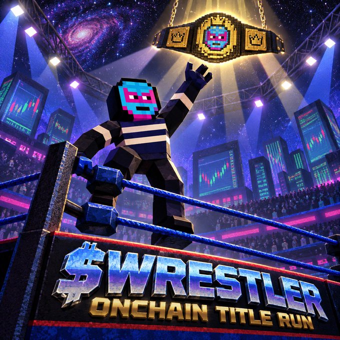 A vibrant, 8-bit retro-style digital illustration of a pixelated wrestler in a striped singlet standing on ring ropes, with a pixelated championship belt hovering above and the text "$WRESTLER ONCHAIN TITLE RUN" at the bottom.