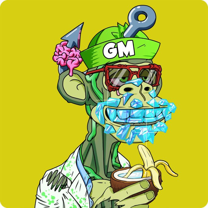 A cartoon ape wearing a green "GM" hat, ski goggles, and diamond-encrusted grills holds a coconut drink with a pink brain garnish and a banana straw, capturing the playful "gm" (good morning) crypto meme culture referenced in the post.