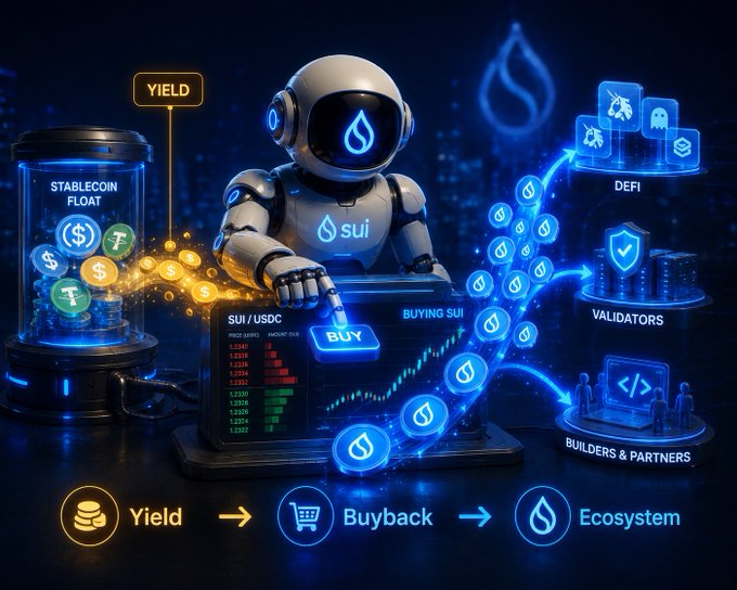 An infographic features a robot representing the SUI blockchain, illustrating a flow from 'Yield' to 'Buyback' and 'Ecosystem', with mentions of SUI/USDC, DEFI, and validators.