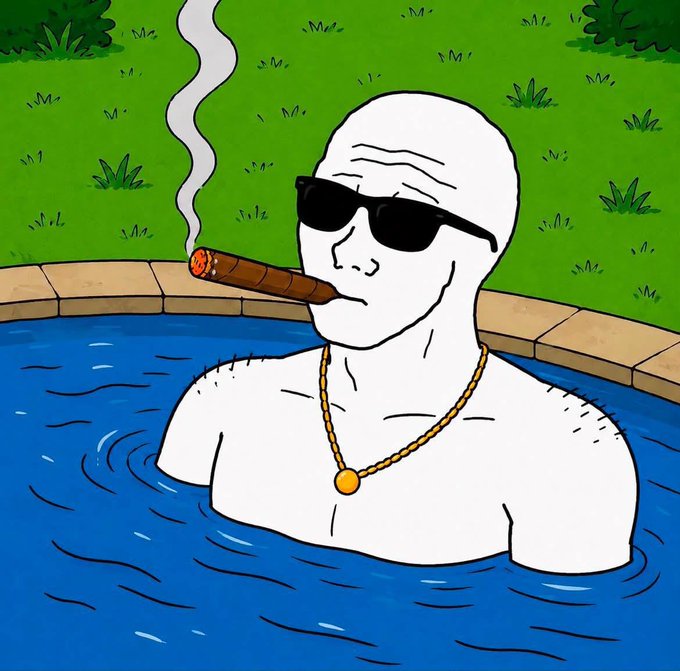 A Wojak-style cartoon of a bald character in a pool wearing sunglasses, a gold chain necklace, and smoking a cigar, portraying a relaxed, wealthy persona.