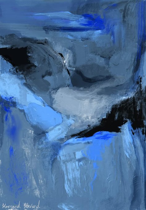 An abstract painting featuring textured brushstrokes in shades of blue, gray, and black, signed "Konrad Howard" in the lower left corner.