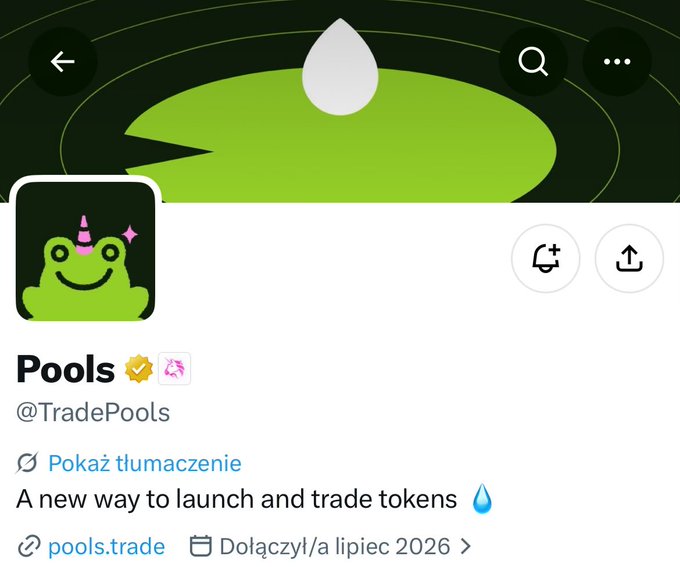Twitter/X profile for 'Pools' (@TradePools) with a green frog avatar, described as 'A new way to launch and trade tokens' with website pools.trade.