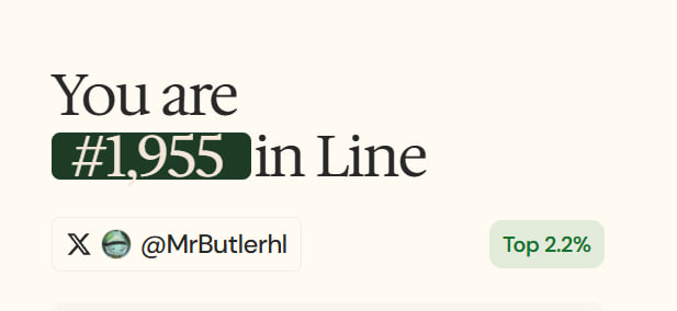 A screenshot showing a queue position with text reading 'You are #1,955 in Line' for user @MrButlerhl, with a green badge indicating 'Top 2.2%'.