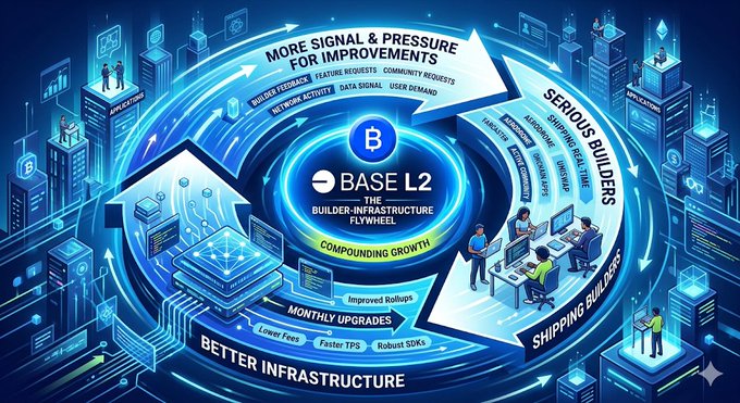 The image presents a detailed graphic representation of Base L2, the cryptocurrency network. It includes various elements such as banners, icons, and logos representing different aspects of the network's infrastructure or features. In addition, there are people visible throughout the scene indicating that they might be involved in the development or operation of Base L2. The focus is on this intricate web of information that provides a comprehensive understanding of Base L2's inner workings as well as its relationship with real-world builders and other crypto enthusiasts.