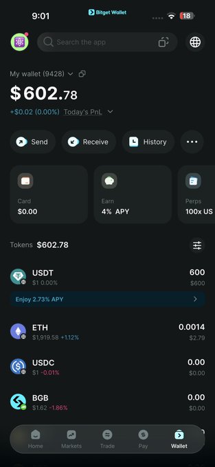 A screenshot of the Bitget Wallet app displaying a $602.78 portfolio balance with various tokens including USDT, ETH, USDC, and BGB, alongside features like Card spending, Earn (4% APY), and Perps trading (100x US). The image showcases the app's all-in-one functionality supporting crypto spending, earning, and trading as referenced in the post.