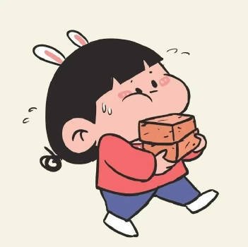 A cartoon illustration of a young girl with bunny ears, sweating and struggling to carry a heavy brown cardboard box.