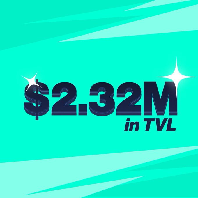 A graphic displaying '$2.32M in TVL' in bold dark blue text on a teal/turquoise background decorated with sparkle effects.