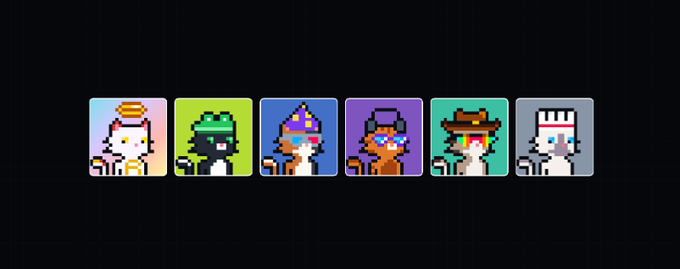 A row of six pixel-art NFT character icons in various colors and hats, each displayed in a separate colored square against a dark grid background.