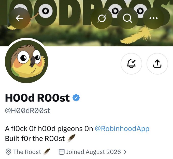 A Twitter profile page for "@H00dR00st" with a verified badge, featuring a cartoon bird avatar and the bio "A fl0ck 0f h00d pigeons On @RobinhoodApp Built f0r the R00st," referencing the project as the second most anticipated mint on Robinhood according to the accompanying post.