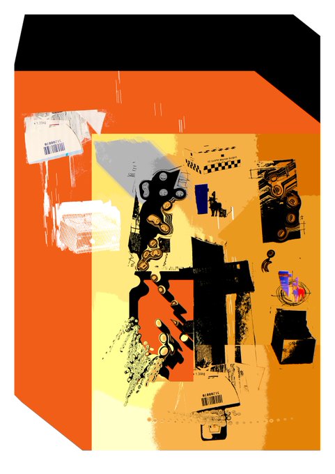 Abstract collage artwork featuring orange, yellow, and black geometric shapes, mechanical illustrations, and barcode fragments.