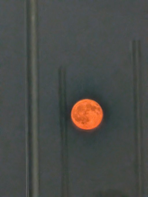 An orange full moon glowing in a dark, hazy sky, partially obscured by vertical silhouettes that appear to be poles or tree trunks.