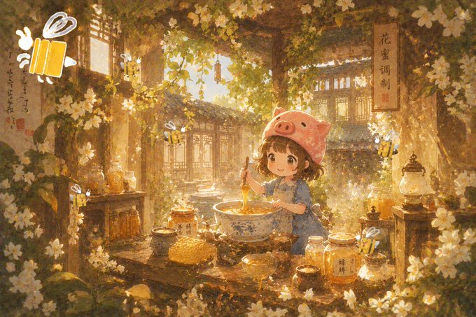 The image features a girl wearing a pink pig hat, standing at a table with various items such as bowls of honey and flowers. The background includes a garden scene with white flowers and trees, creating an overall peaceful atmosphere. The image also contains text that reads "最近看 River @River4fun @RiverdotInc 生态，最大的感受就是它正在变得越来越多的 $RIVER 被质护。第 5 季以来", which suggests that the girl is involved in a creative or artistic project related to the River. The image also contains text about smart vaults and a gift, indicating that it could be promoting an event or product related to these subjects.