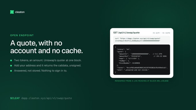 A webpage screenshot for 'cleaton' features text reading 'A quote, with no account and no cache.' and displays a JSON API response for a swap quote endpoint.