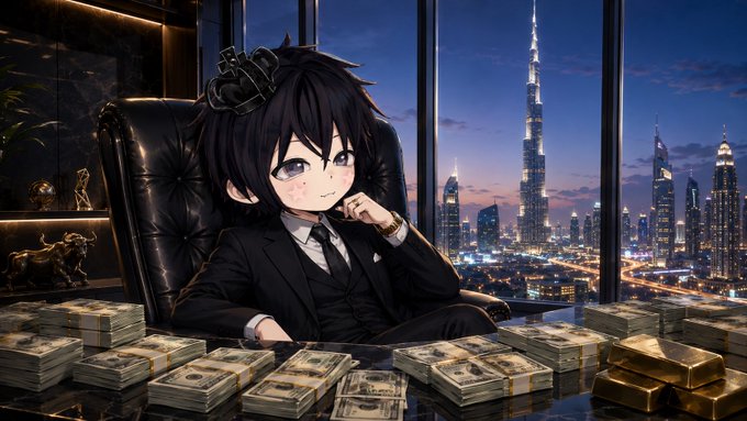 An anime-style chibi character in a black suit sits at a desk covered with stacks of cash and gold bars, with a nighttime cityscape featuring the Burj Khalifa visible through the window behind them.