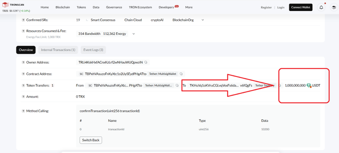 A TRONSCAN blockchain explorer page showing a transaction overview for 0 TRX, with a red arrow pointing to a transfer amount of '1,000,000,000 USDT'.