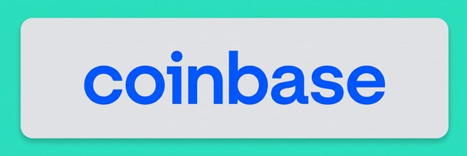 The blue Coinbase logo text centered inside a white rounded rectangle on a bright teal background.