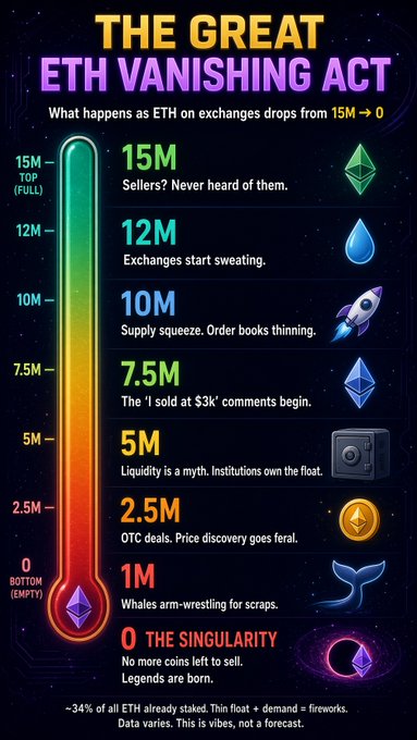 An infographic titled 'THE GREAT ETH VANISHING ACT' illustrating what happens as ETH on exchanges drops from 15M to 0, listing stages from '15M Sellers? Never heard of them' down to '0 THE SINGULARITY - No more coins left to sell.'