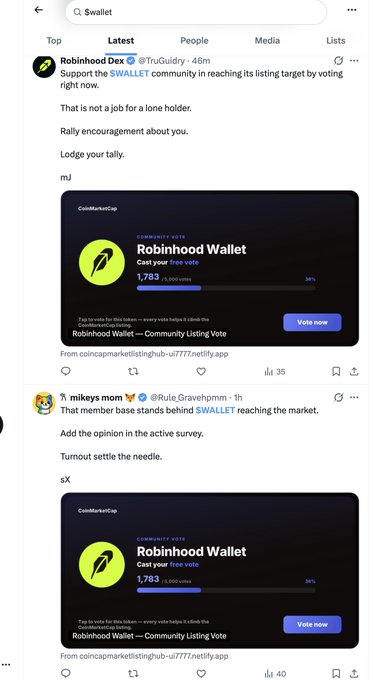 A social media feed showing posts about '$WALLET' token, featuring community vote cards for 'Robinhood Wallet' from CoinMarketCap with 1,783 votes cast.