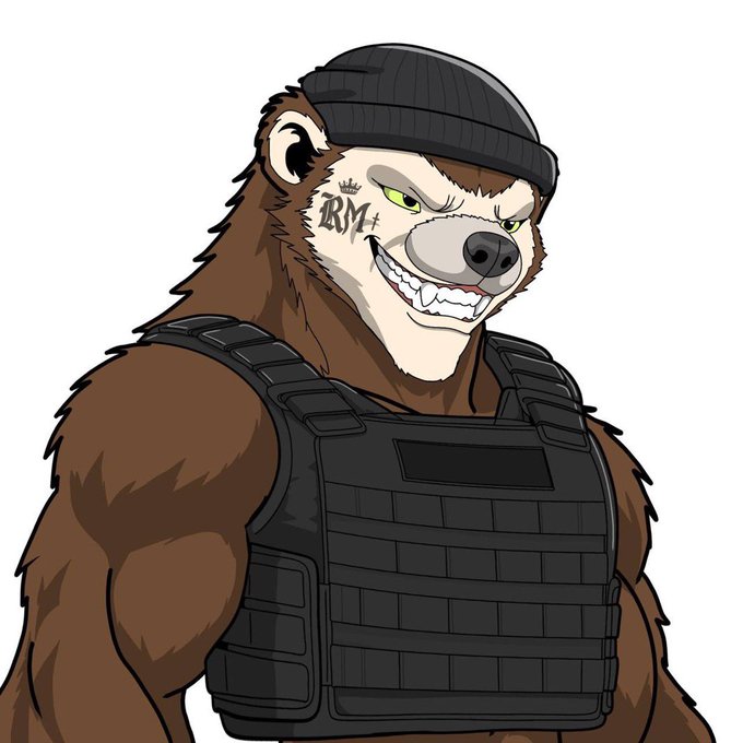 An illustrated anthropomorphic bear character wearing a black beanie and tactical vest with a grin showing sharp teeth, featuring an 'RM' tattoo near its eye.