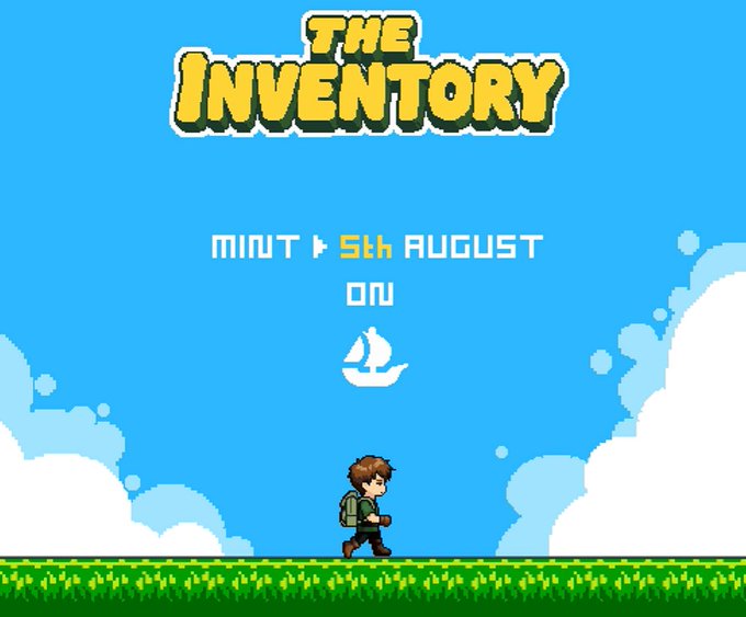 A pixel-art style promotional graphic for "THE INVENTORY" with "MINT 5th AUGUST ON," showing a small character with a backpack walking across grass beneath a blue sky.