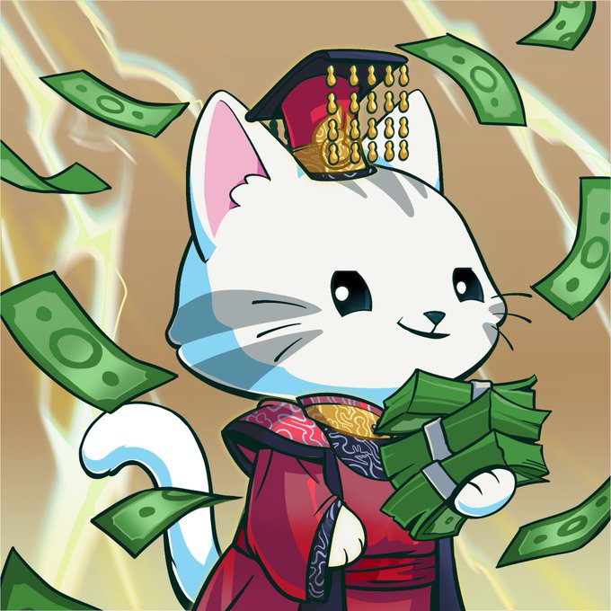 A cartoon white cat dressed in red imperial robes and an ornate beaded hat, holding stacks of cash while green dollar bills and gold ingots rain down around it.