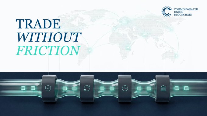 A promotional graphic for **Commonwealth Union Blockchain** featuring the tagline "TRADE *WITHOUT* FRICTION" alongside a stylized world map with interconnected nodes and a 3D pipeline illustration displaying icons for security, synchronization, time, and institutional services.

The image visually reinforces the post's message about reducing barriers to blockchain adoption by depicting a streamlined global trade pipeline with icons (security shield, sync arrows, clock, bank/institution) symbolizing the infrastructure needed to make technology accessible beyond just those who can absorb complexity.