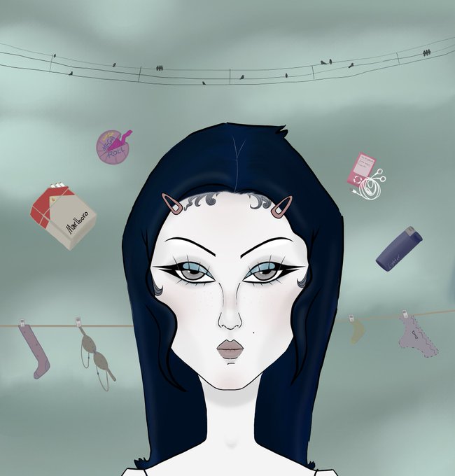 A stylized digital portrait of a pale, dark-haired female character with decorative hair pins floats amid scattered personal items—including a Marlboro cigarette pack, a zippo lighter, a "RUSH" sticker, a lighter, and garments clipped to clotheslines—evoking a melancholic, intimate scene tied to the artist's "Leyla" NFT piece (eds 50) sold for 50 $tez on objkt.com.