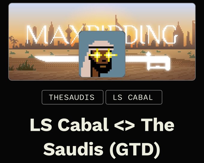 A pixel-art graphic displays "MAY THE 4TH" as the backdrop, with a profile picture of a figure wearing glowing cross-shaped sunglasses centered between "THESAUDIS" and "LS CABAL" labels. Below reads "LS Cabal <> The Saudis (GTD)," promoting a joint 5,555 supply NFT collection with Robinhood, marking a collaboration between TheSaudisNFT and LS Cabal.