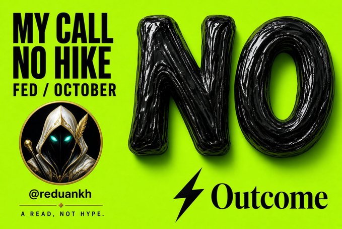 A bold green graphic features large black "NO" lettering alongside the text "MY CALL NO HIKE" and "FED / OCTOBER," with the username "@reduankh" and tagline "A READ, NOT HYPE" beneath a hooded figure avatar, while the Outcome (Outcomexyz) logo appears at the bottom right. The image visually reinforces the post's prediction that the Fed will not hike rates in October, pairing the "NO" headline with the Outcome prediction market branding.