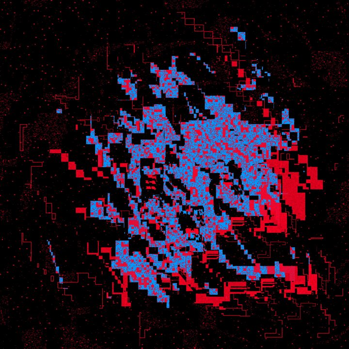 The image features a digital art piece with a black background, filled with red and blue lines that appear to be splattered or scattered across the canvas. The colors are vibrant and contrasting, creating an abstract and visually striking effect. The text "Artisanal crypto art on eth. Go grab one from your local nft market this weekend." is present in the image, which seems to be related to the artwork's theme of digital art and cryptocurrency.

The post also includes a link to an NFT marketplace where you can find unique pieces like this one. The artist has used a pixelated style for their work, giving it a modern and edgy appearance.