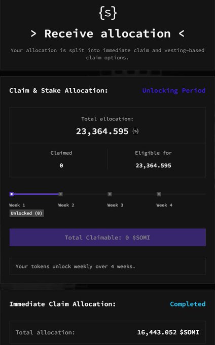 A token allocation page titled "Receive allocation" showing a Claim & Stake Allocation of 23,364.595 $SOMI unlocking over 4 weeks, with 0 claimed, and an Immediate Claim Allocation of 16,443.052 $SOMI marked Completed.