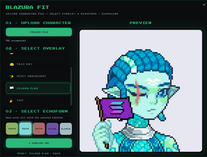 A screenshot of the 'Blazura Fit' character customization tool featuring a pixel art aquatic creature holding a Solana flag, with options to select overlays and echoforms (Aqua selected).