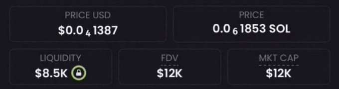 A cryptocurrency dashboard displays a token priced at $0.041387 USD (0.001853 SOL) with $8.5K liquidity, $12K FDV, and $12K market cap. The image illustrates the "low-cap" meme coin the poster is promoting, showing minimal market capitalization that aligns with their claim of a potential "100-5000x" runner opportunity.