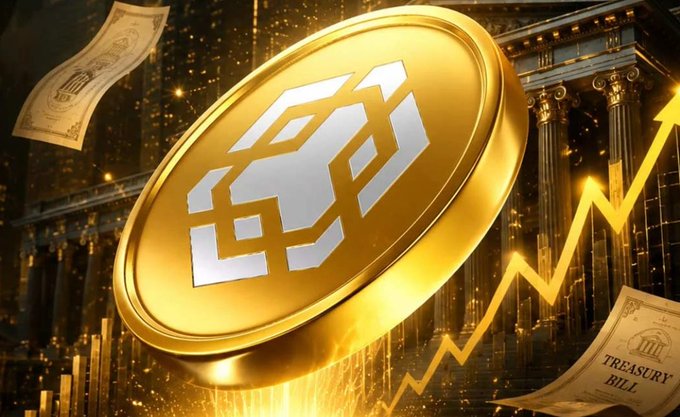 A glowing gold coin featuring the BNB Chain logo is surrounded by floating dollar bills, classical pillars, and an upward-trending chart arrow. Text visible on a bill reads "TREASURY BILL," reinforcing the post's message about BNB Chain surpassing Ethereum in tokenized U.S. Treasury assets.